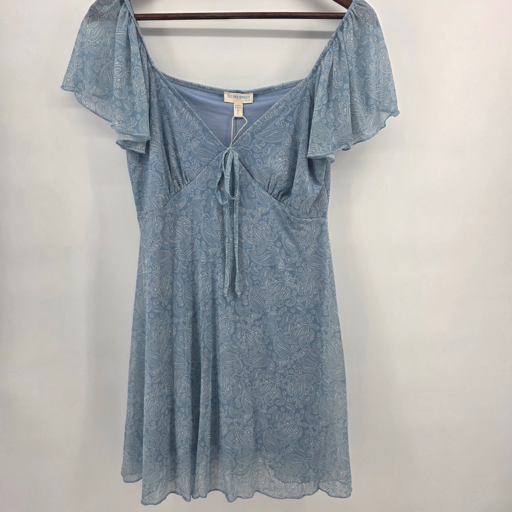See You Monday Blue Paisley Mesh Flutter Sleeve Mini Dress L New‎ Boho Flowy